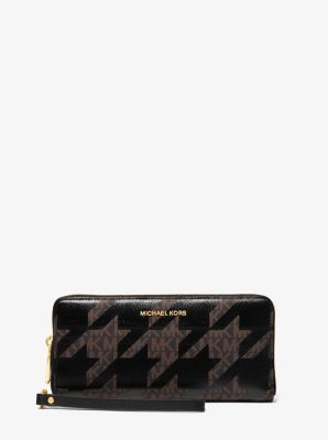 32F1GJ6T3V - Large Houndstooth Logo and Leather Continental Wallet  BROWN/BLK