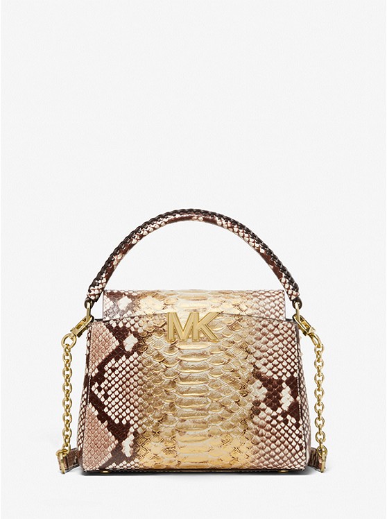 MK 32F2GCDC5G Karlie Small Two-Tone Snake Embossed Leather Crossbody Bag PALE GOLD