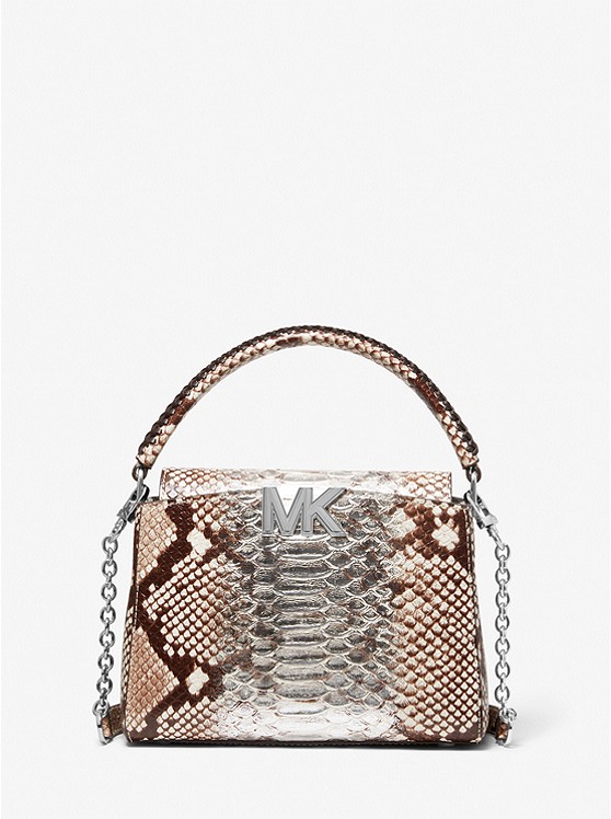 MK 32F2SCDC5G Karlie Small Two-Tone Snake Embossed Leather Crossbody Bag SILVER