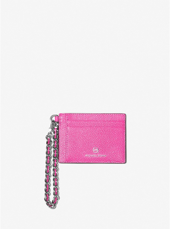MK 32F2ST9D5L Small Pebbled Leather Chain Card Case CERISE