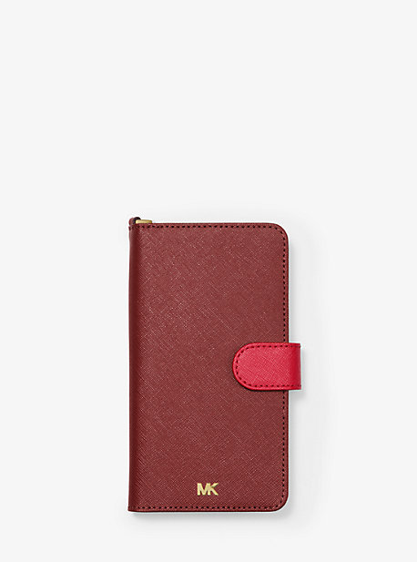 32F9GE7L4T - Two-Tone Saffiano Leather Wristlet Folio Case for iPhone XS Max BRANDY