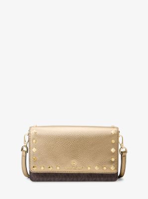 32H1GT9C5Y - Jet Set Small Studded Metallic and Logo Smartphone Crossbody Bag BROWN/PALE GOLD