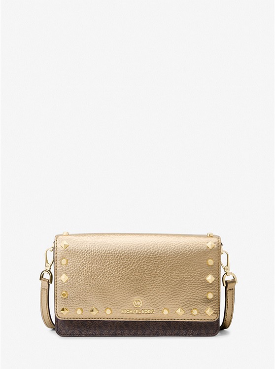 MK 32H1GT9C5Y Jet Set Small Studded Metallic and Logo Smartphone Crossbody Bag BROWN/PALE GOLD