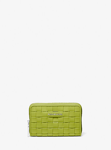32S1SJ6D0T - Small Woven Leather Wallet LIME