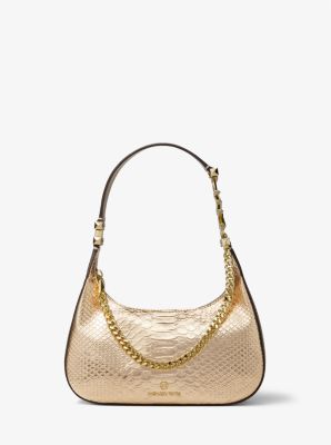 32S2GP1C1M - Piper Small Metallic Snake Embossed Leather Shoulder Bag PALE GOLD