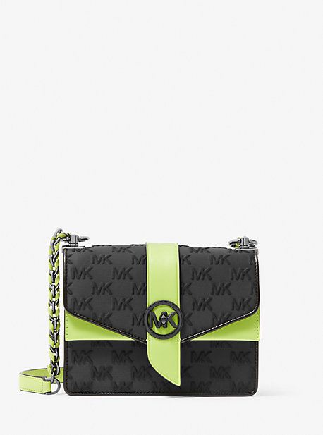 32S2TGRC5C - Greenwich Small Embossed Scuba and Faux Leather Crossbody Bag BRIGHT LIMEADE MULTI
