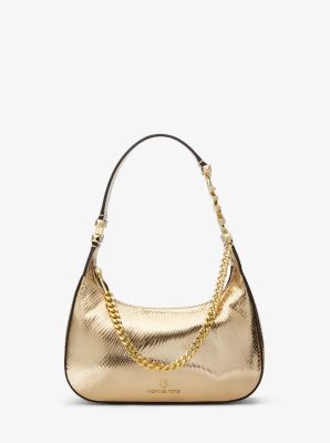 32S3GP1C1M - Piper Small Metallic Snake Embossed Leather Shoulder Bag PALE GOLD