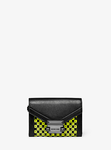 32T9UWHE5R - Whitney Small Checkerboard Logo Leather Chain Wallet BLACK/NEON YELLOW
