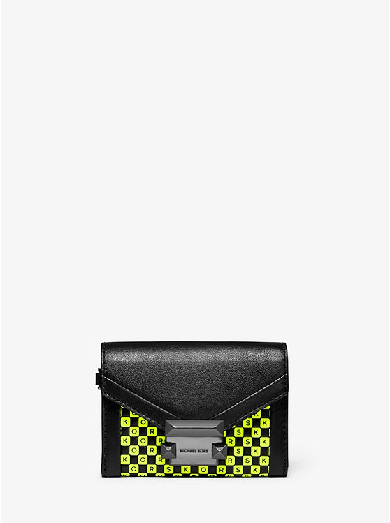 MK 32T9UWHE5R Whitney Small Checkerboard Logo Leather Chain Wallet BLACK/NEON YELLOW