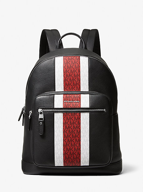 33F1LHDB8L - Hudson Pebbled Leather and Logo Stripe Backpack CRIMSON