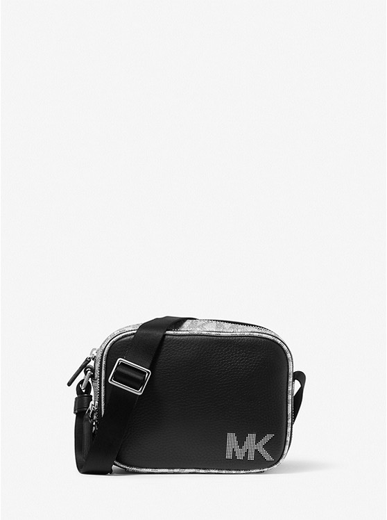 MK 33H1LHDM0L Hudson Pebbled Leather Crossbody Bag SILVER/BLACK
