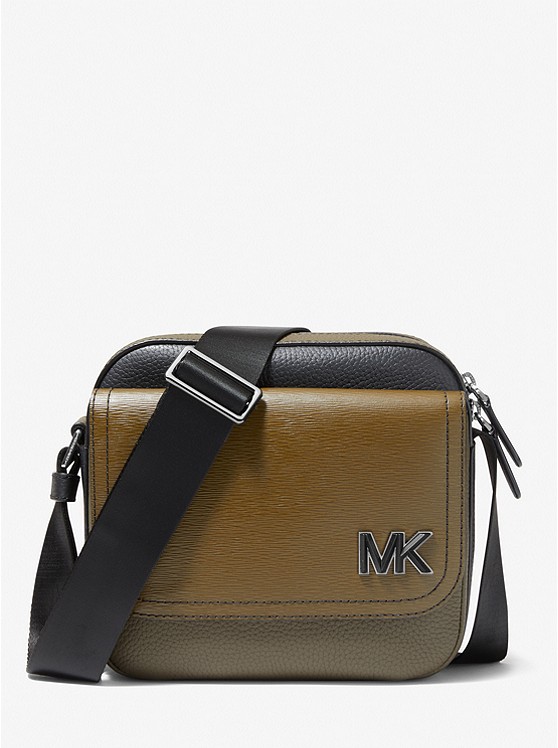 MK 33H1LHDM2X Hudson Color-Blocked Leather Messenger Bag OLIVE