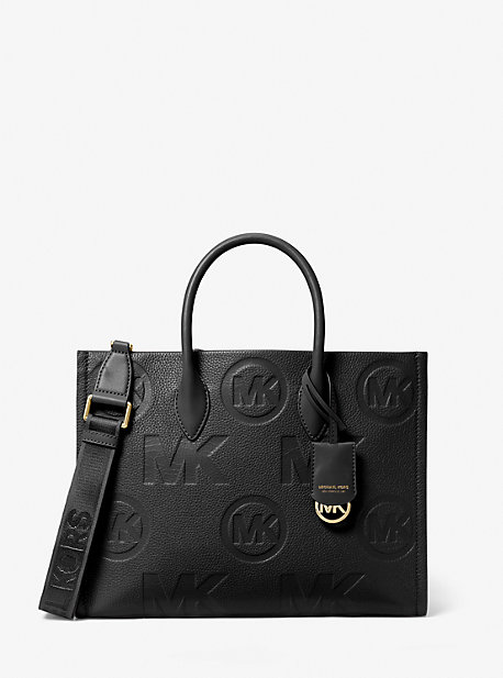 35F3G7ZT2L - Mirella Medium Logo Embossed Pebbled Leather Tote Bag BLACK
