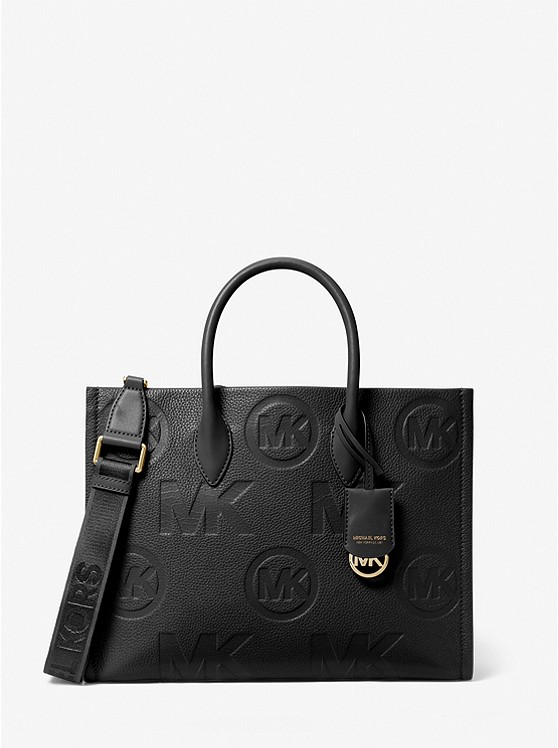 MK 35F3G7ZT2L Mirella Medium Logo Embossed Pebbled Leather Tote Bag BLACK