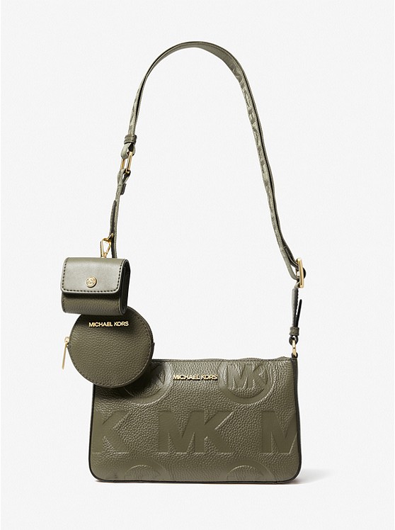 MK 35F3GTVC1L Jet Set Logo Embossed Leather Crossbody Bag with Case for Apple Airpods Pro® OLIVE