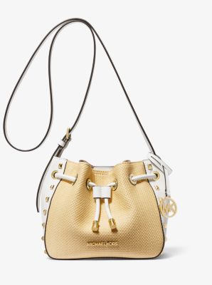 35S3G8PM1W - Phoebe Small Straw and Studded Faux Leather Bucket Messenger Bag OPTIC WHITE