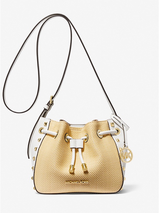 MK 35S3G8PM1W Phoebe Small Straw and Studded Faux Leather Bucket Messenger Bag OPTIC WHITE