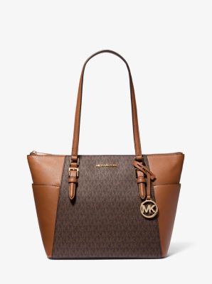 35T0GCFT3B - Charlotte Large Logo and Leather Top-Zip Tote Bag BROWN