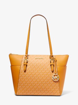 35T0GCFT3B - Charlotte Large Logo and Leather Top-Zip Tote Bag HONEYCOMB MULTI