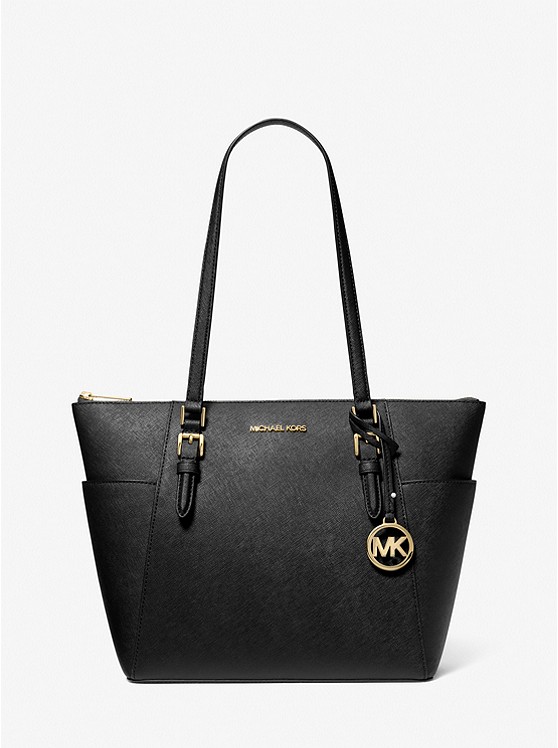 MK 35T0GCFT7L Charlotte Large Saffiano Leather Top-Zip Tote Bag BLACK
