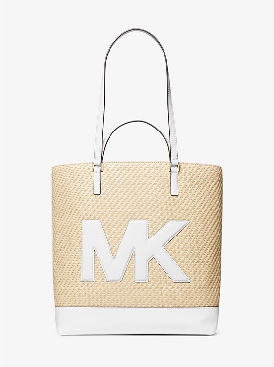MK 35T0GWQT7W Kelli Large Logo Straw Tote Bag OPTIC WHITE