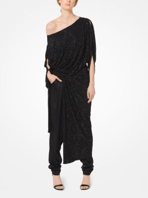 405RKJ560A - Crystal-Embroidered Crepe-Jersey Draped Dress BLACK