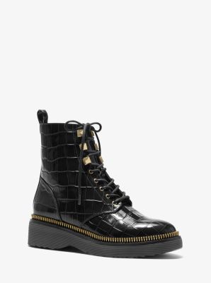 40F0HSFE5E - Haskell Crocodile Embossed Leather Combat Boot BLACK