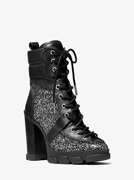 40F0RIHE5D - Ridley Glitter and Leather Lace-Up Boot BLACK/SILVER