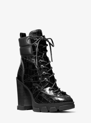 40F0RIHE5E - Ridley Crocodile Embossed Leather Lace-Up Boot BLACK