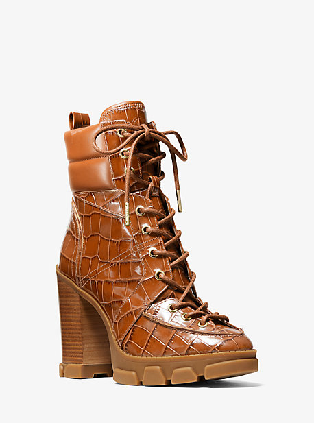 40F0RIHE5E - Ridley Crocodile Embossed Leather Lace-Up Boot CHESTNUT