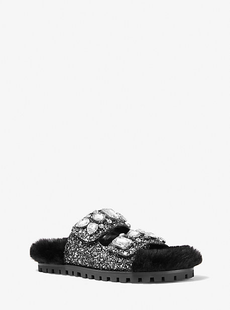 40F1BAFA1D - Stark Embellished Glitter and Faux Fur Slide Sandal BLACK/SILVER
