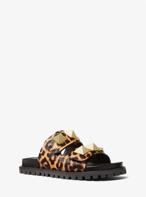 40F1BAFA1H - Stark Studded Leopard Print Calf Hair Slide Sandal BUTTERSCOTCH