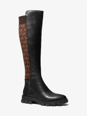 40F1RIFB5L - Ridley Leather and Logo Jacquard Knee Boot BLK/BROWN