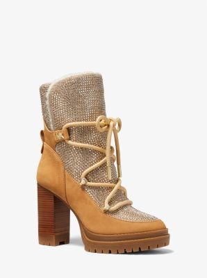 40F2CVHE5D - Culver Embellished Nubuck and Glitter Chain Mesh Lace-Up Boot TAN