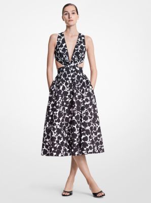 412AKU709 - Floral Cotton and Silk Faille Cutout Dress BLACK/WHITE