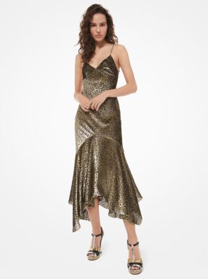 413AKN570 - Leopard Metallic Fil Coupé Handkerchief Slip Dress GOLD/SILVER