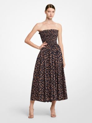416AKU712 - Floral Cotton Poplin Smocked Strapless Dress SUNTAN/BLACK