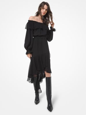 426PKR052B - Silk Georgette Off-The-Shoulder Dress BLACK