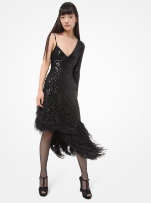 426RKN561A - Sequined Stretch Matte-Jersey Feather-Trim Asymmetric Dress BLACK