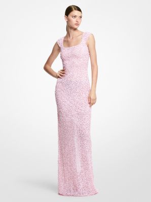 437RKU592 - Floral Embellished Stretch Tulle Gown ROSE