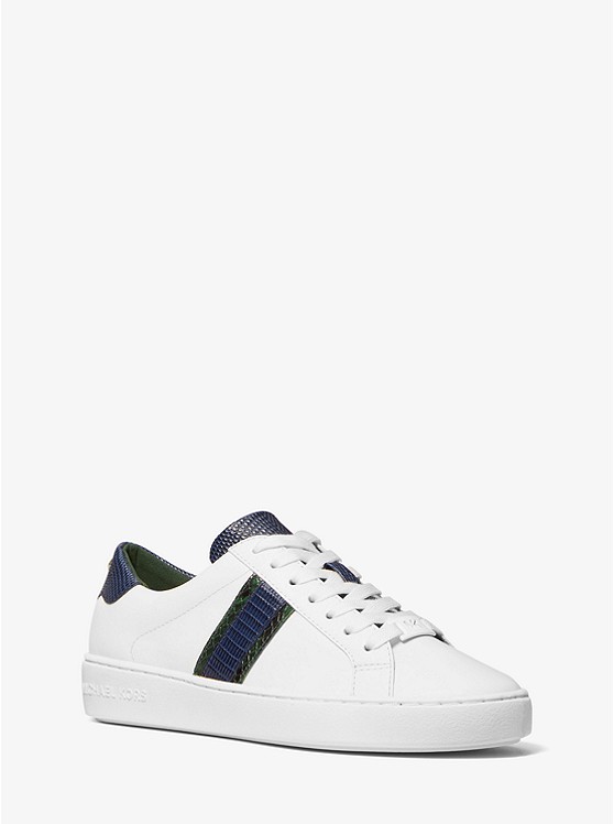 MK 43F0IRFP6L Irving Leather and Embossed Stripe Sneaker  OPWHT MULTI
