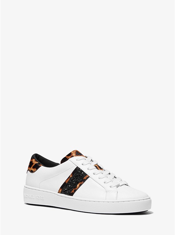 MK 43F0IRFP7L Irving Leopard Print Calf Hair and Leather Stripe Sneaker OPTIC WHITE/BLK