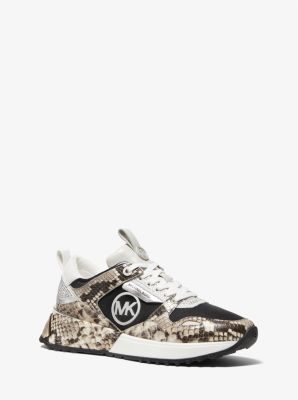 43F2THFS1E - Theo Embellished Snake Embossed Leather and Canvas Trainer SAND