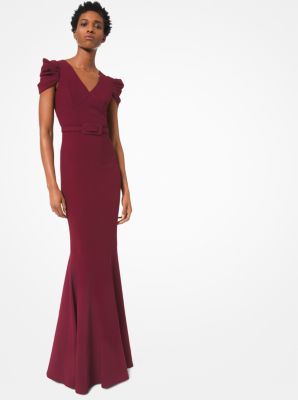 442PKN057 - Stretch-Cady Belted Trumpet Gown BURGUNDY