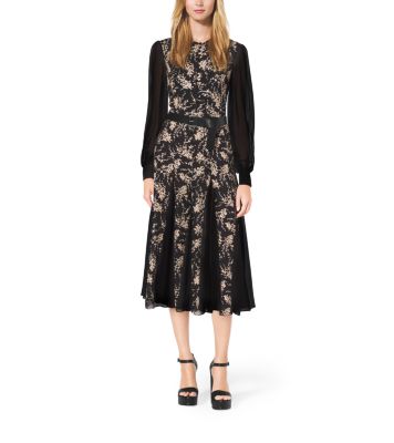 443RRD761B - Floral-Embroidered Silk-Chiffon Dress BLACK/NUDE