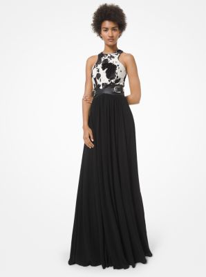 445PKR063 - Pony Print Calf Hair and Georgette Jersey Gown BLACK