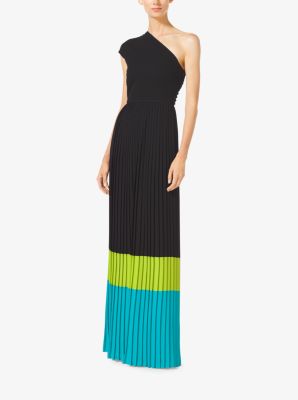 464PRF699A - Color-Block Pleated One-Shoulder Gown BLACK