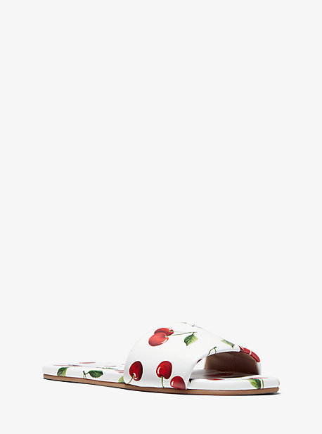 46S0DEFP1W - Delphine Cherry-Print Leather Slide Sandal OPTIC WHITE