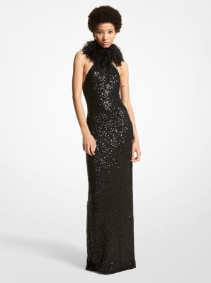 473RKT560D - Hand-Embroidered Paillette Crepe Jersey and Feather Halter Gown BLACK