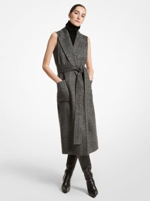 535DKT568 - Herringbone Double Faced Wool Sleeveless Coat Dress BLACK/VANILLA
